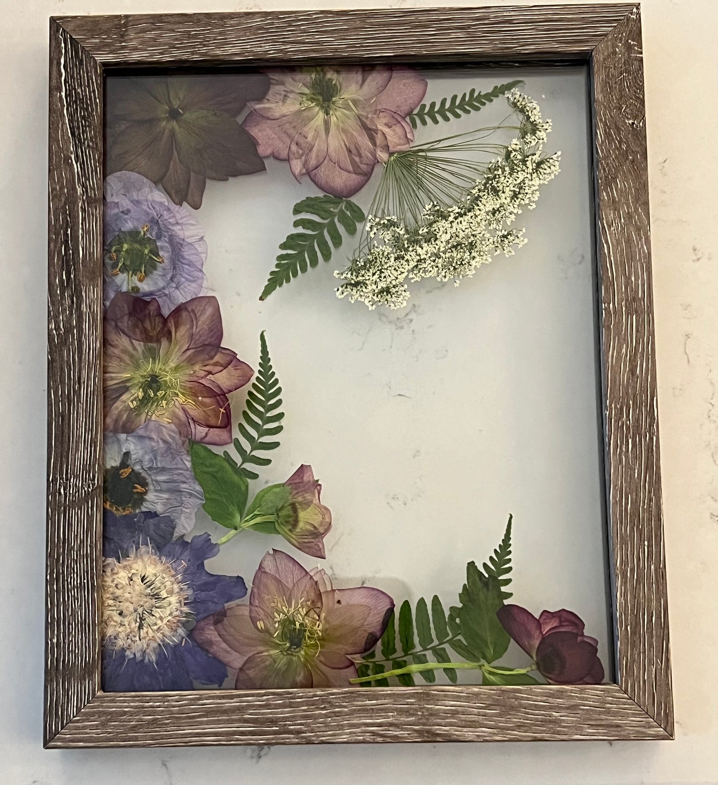 Floating glass frame, real pressed flowers, rectangular, hellebores, scabiosa, lisianthus, flower lover gift