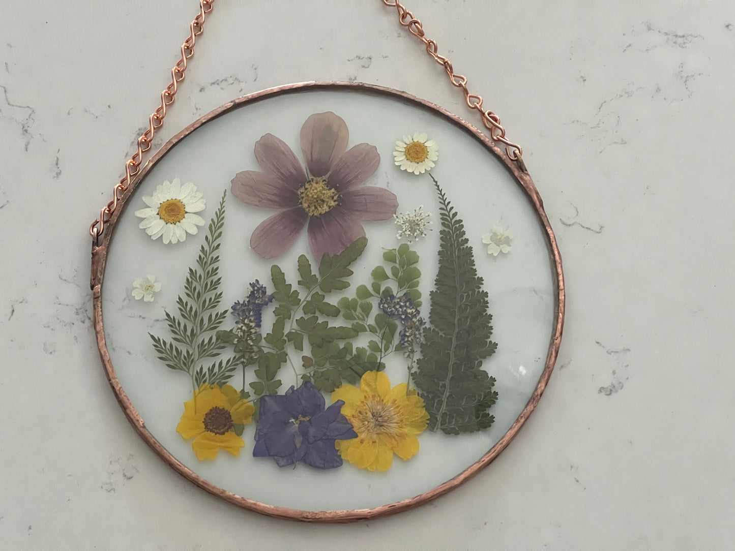 Pressed flowers in hanging glass -A Walk in the Woods