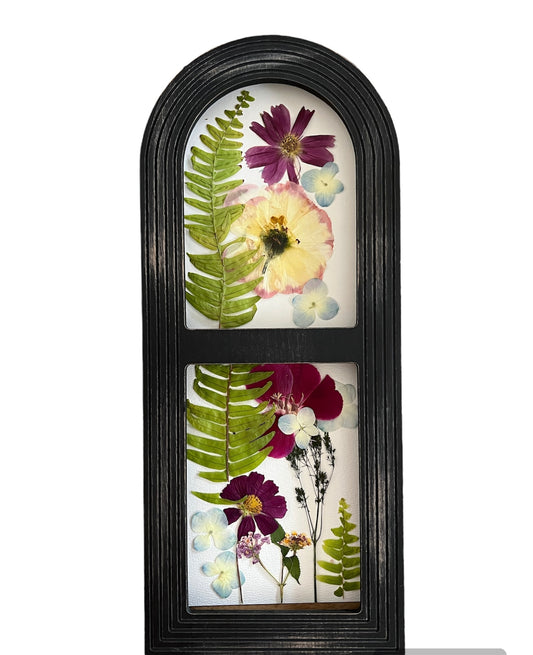 Real pressed flowers in arched wood frame