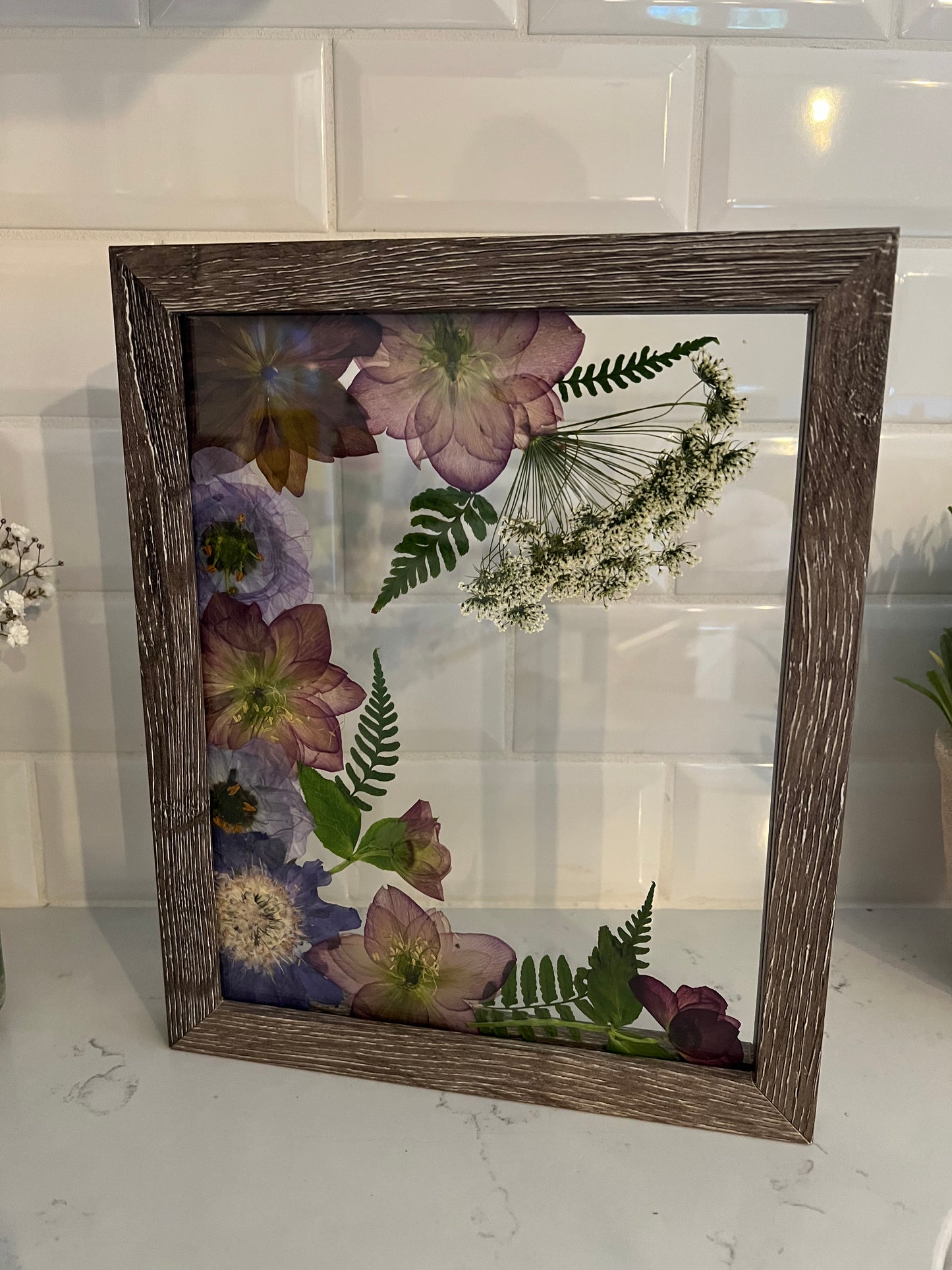 Floating glass frame, real pressed flowers, rectangular, hellebores, scabiosa, lisianthus, flower lover gift