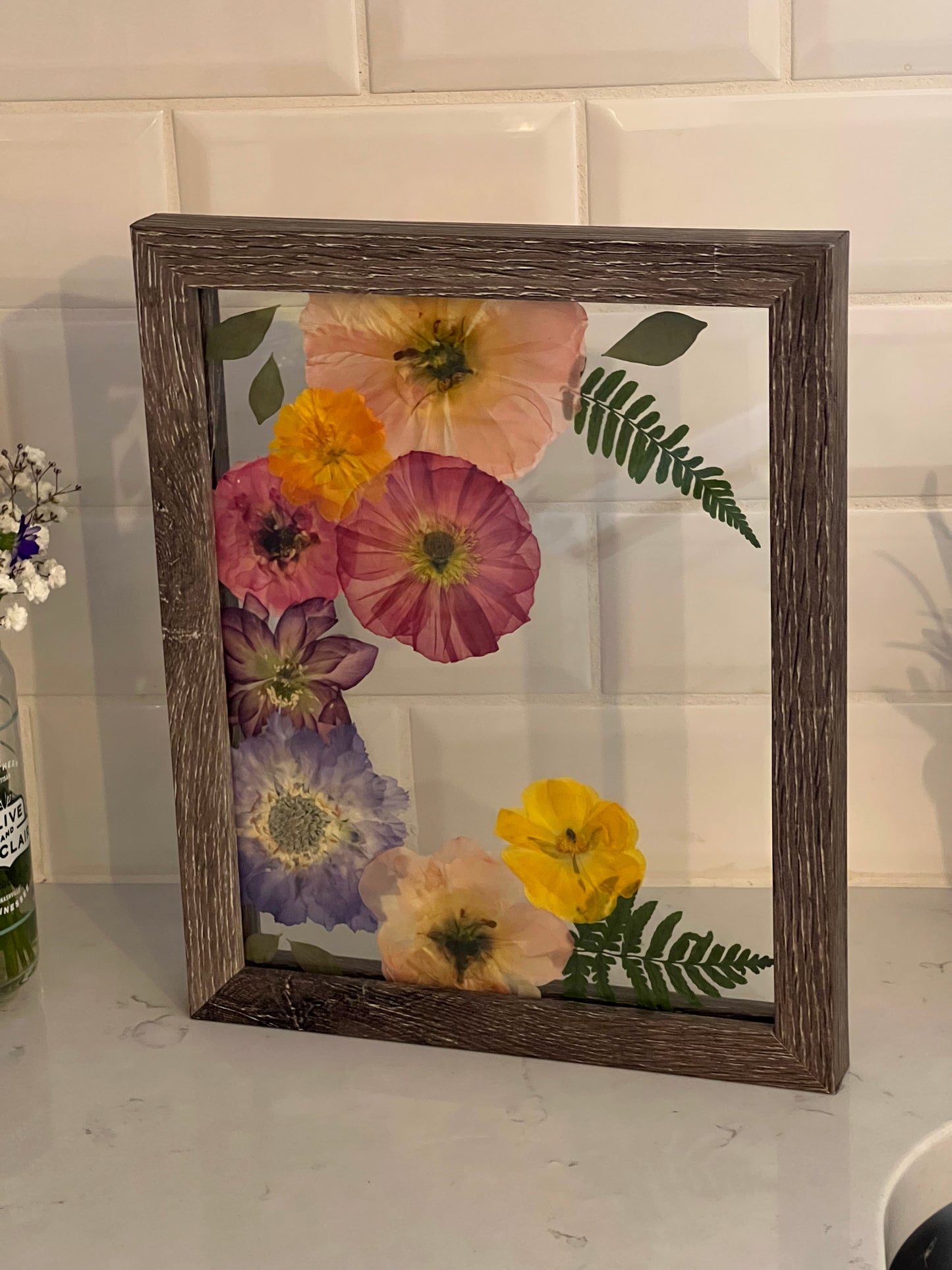 Floating glass frame, real pressed flowers, rectangular, gift