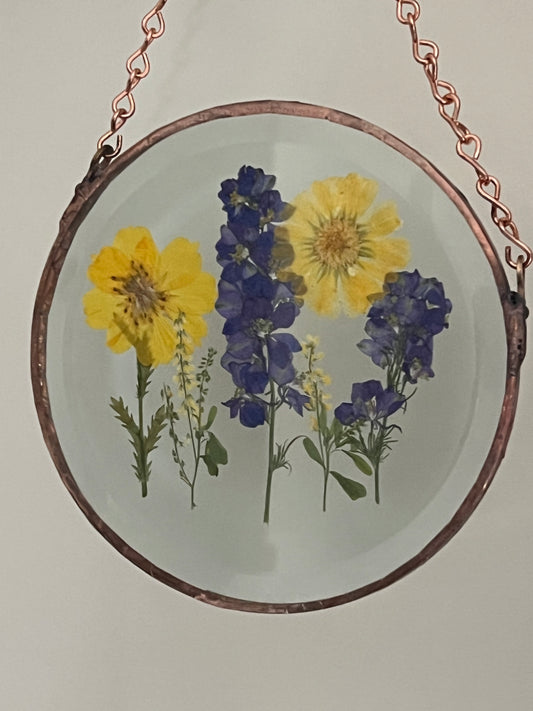 Pressed flowers in hanging round glass- 8”